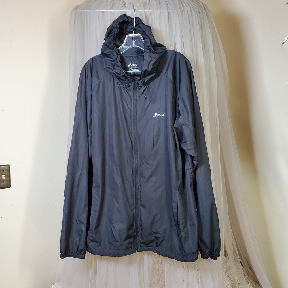 Asics Silver Packable Jacket‎ Mens XL Black Hooded Windbreaker Water Resistant